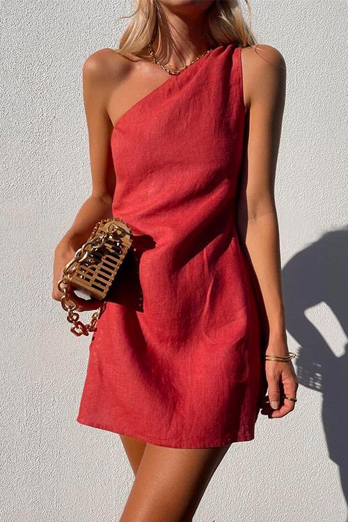 Mirla | Rosiedress En Axeln Solid Bomull Linne Mini Klänning-Eva Jonsson
