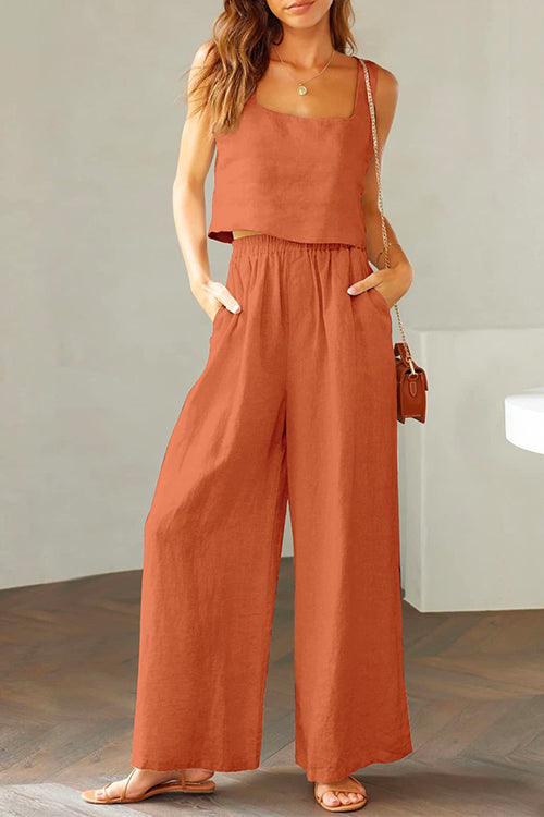 Mirla | Rosiedress Fyrkantig Krage Cami Crop Top Bred Benbyxa Bomull Linne Set-Eva Jonsson