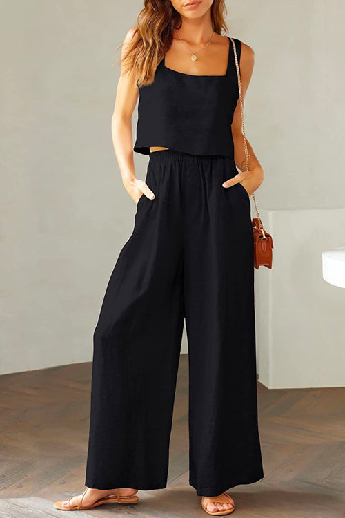 Mirla | Rosiedress Fyrkantig Krage Cami Crop Top Bred Benbyxa Bomull Linne Set-Eva Jonsson