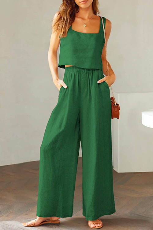 Mirla | Rosiedress Fyrkantig Krage Cami Crop Top Bred Benbyxa Bomull Linne Set-Eva Jonsson