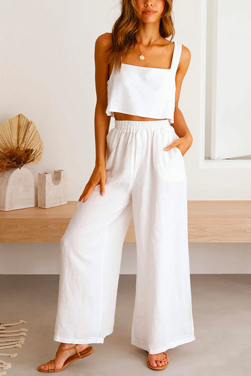 Mirla | Rosiedress Fyrkantig Krage Cami Crop Top Bred Benbyxa Bomull Linne Set-Eva Jonsson