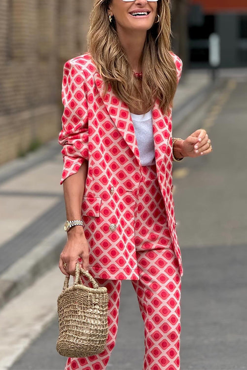 Mirla | Rosiedress Geometriskt tryck Revers Dubbelt knäppning Blazer och Flare-byxor set-Eva Jonsson