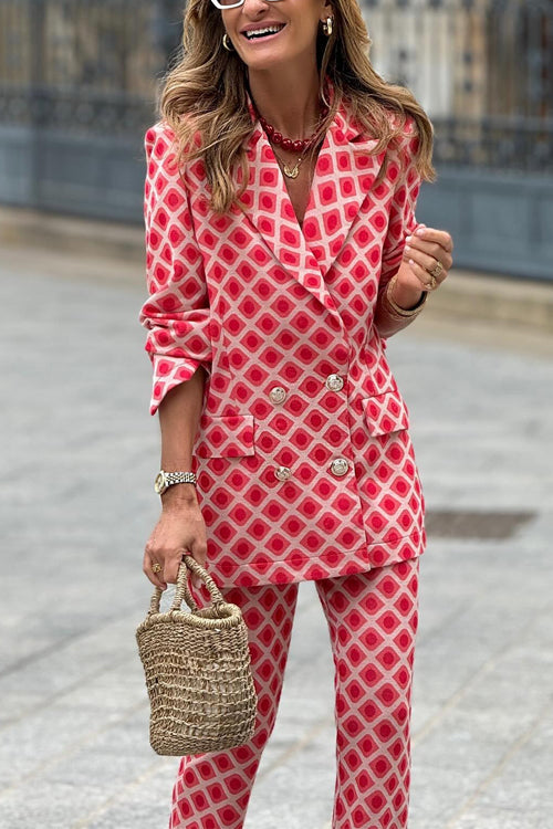 Mirla | Rosiedress Geometriskt tryck Revers Dubbelt knäppning Blazer och Flare-byxor set-Eva Jonsson