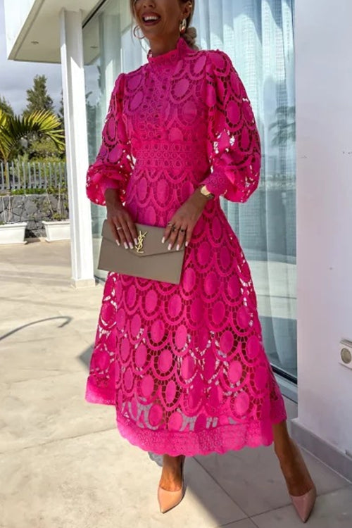Mirla | Rosiedress Mockneck Puffärmar Spets Urtag Mid Klänning-Eva Jonsson