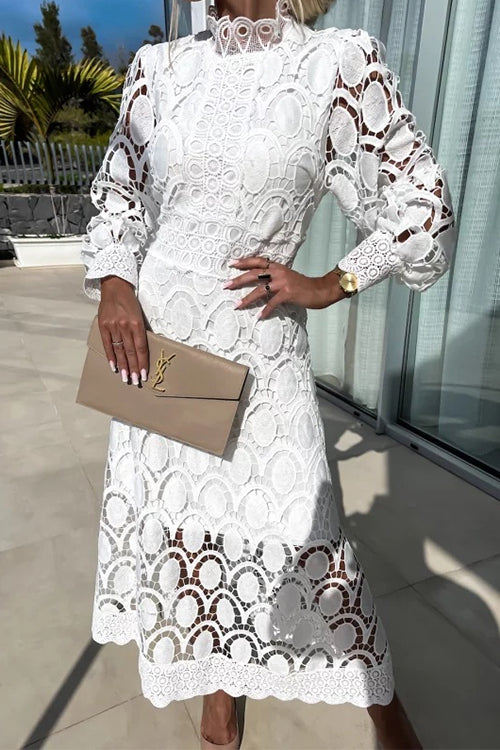 Mirla | Rosiedress Mockneck Puffärmar Spets Urtag Mid Klänning-Eva Jonsson
