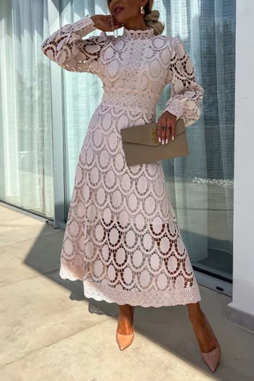 Mirla | Rosiedress Mockneck Puffärmar Spets Urtag Mid Klänning-Eva Jonsson