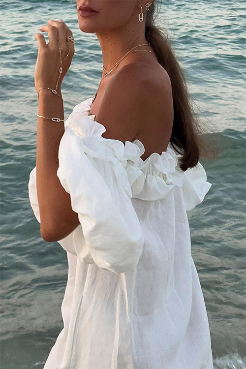 Mirla | Rosiedress Off Shoulder Rynk Trim Slits Bomull Linne Maxi Semester Klänning-Eva Jonsson