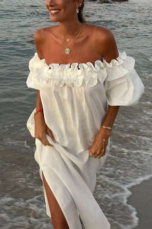 Mirla | Rosiedress Off Shoulder Rynk Trim Slits Bomull Linne Maxi Semester Klänning-Eva Jonsson