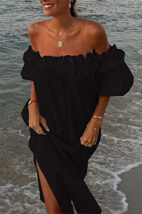 Mirla | Rosiedress Off Shoulder Rynk Trim Slits Bomull Linne Maxi Semester Klänning-Eva Jonsson