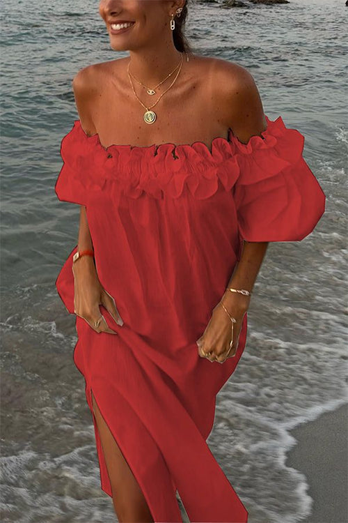 Mirla | Rosiedress Off Shoulder Rynk Trim Slits Bomull Linne Maxi Semester Klänning-Eva Jonsson