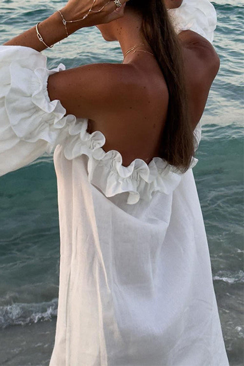 Mirla | Rosiedress Off Shoulder Rynk Trim Slits Bomull Linne Maxi Semester Klänning-Eva Jonsson