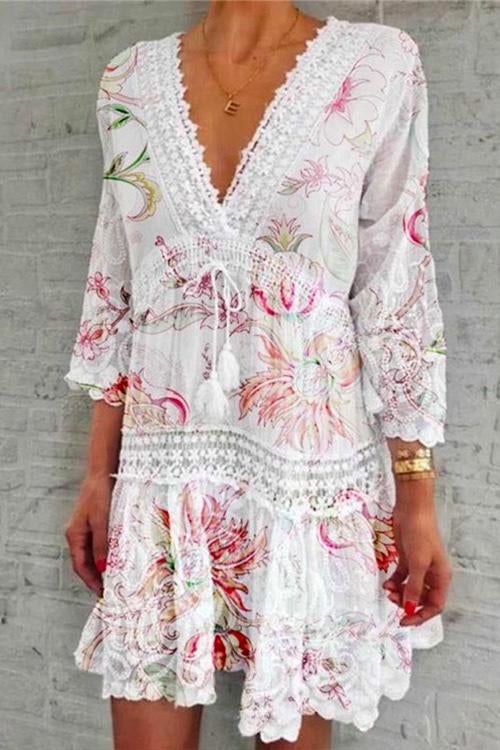 Mirla | Rosiedress V-urringning Spetsdetalj Fringes Svängklänning-Eva Jonsson