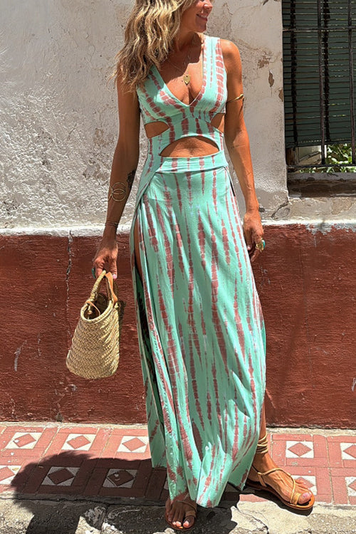 Mirla | Rosiedress V-urt Neck Ärmlös Cut Out Midja Sidslits Batik Maxi Klänning-Eva Jonsson