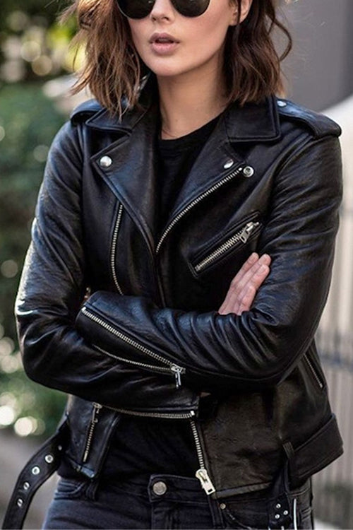 Mirla | Rosiedress Vintage Revers Dragkedja Konstläder Bikerjacka-Eva Jonsson