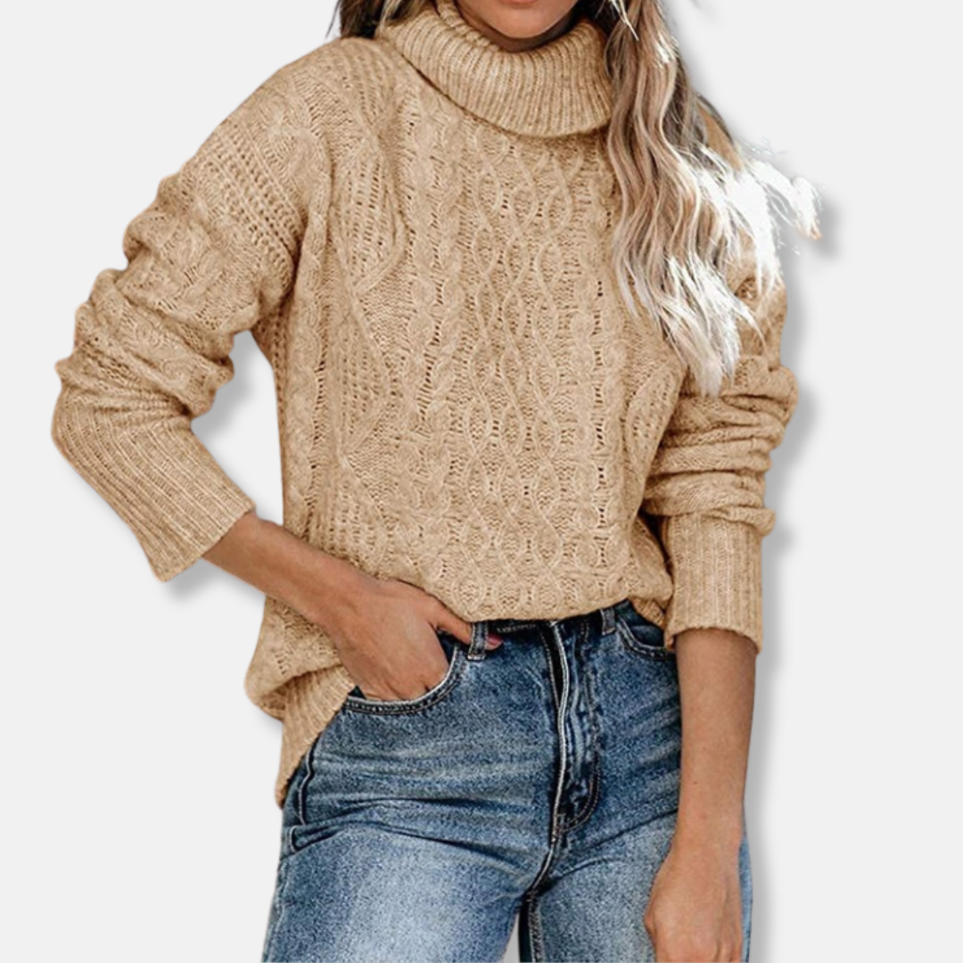 Mirla | Rullkrage tröja Kabelstickad tunika-längd tröja-Eva Jonsson