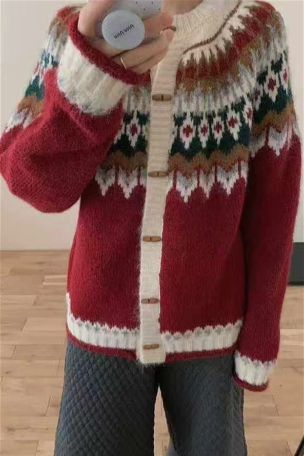 Mirla | Rundhals Fair Isle Jul Hornknapp Stickad Jacka-Eva Jonsson