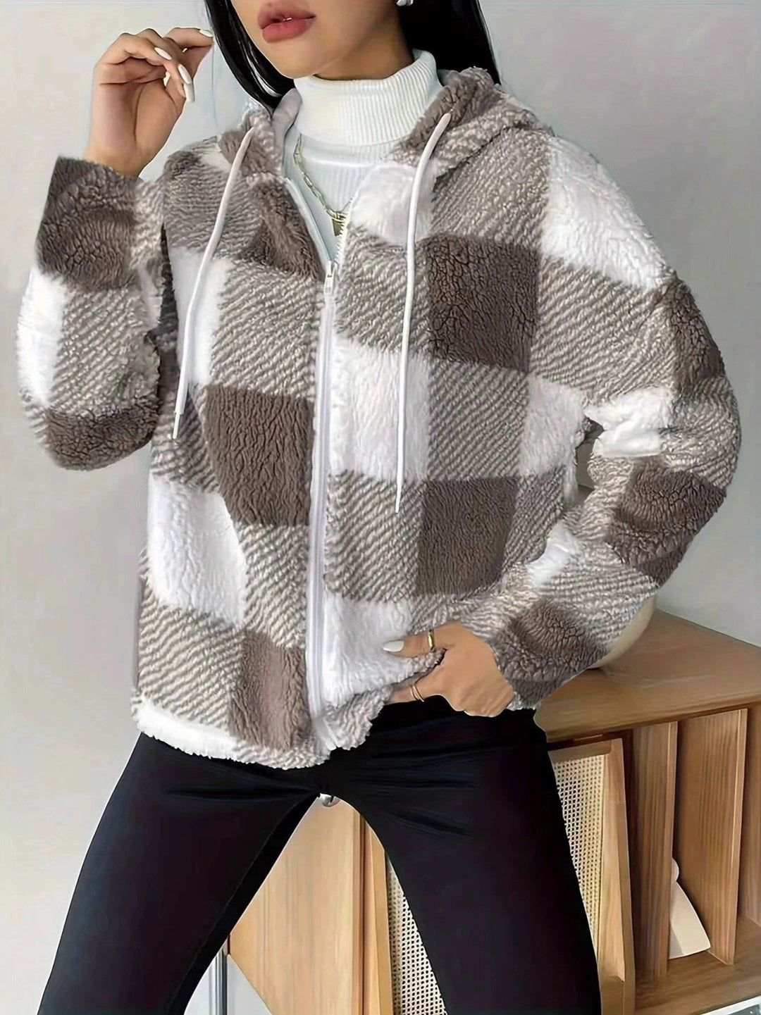Mirla | Rutig Teddy Hoodie Jacka Varm och Bekväm för Vintern-Eva Jonsson