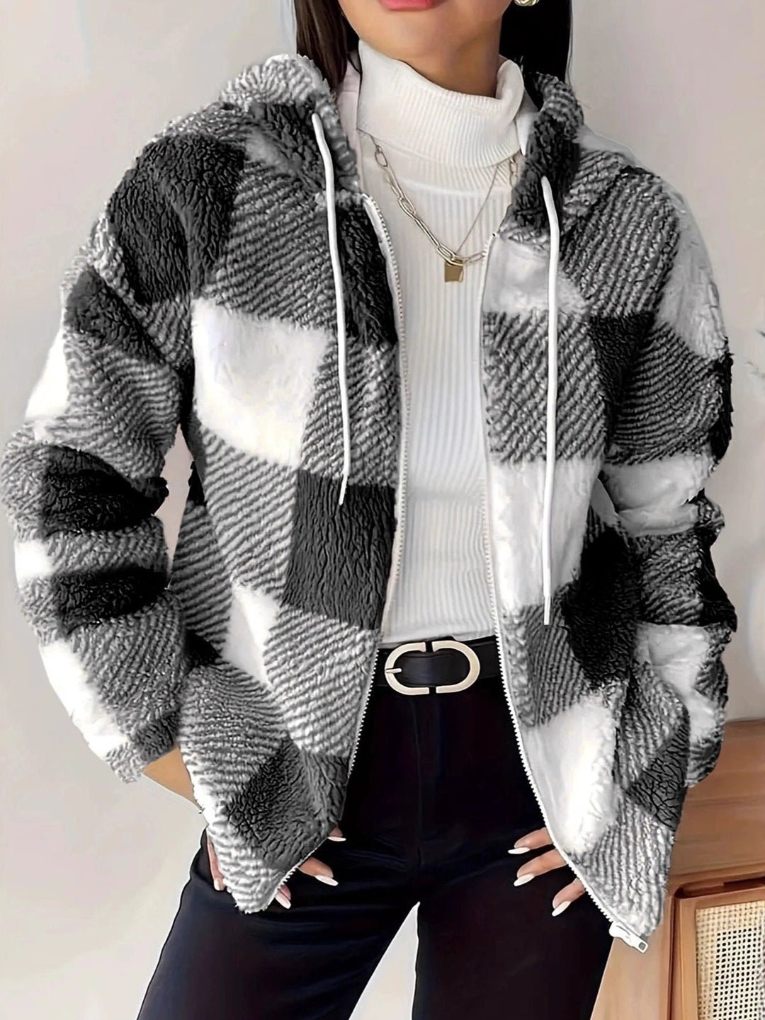 Mirla | Rutig Teddy Hoodie Jacka Varm och Bekväm för Vintern-Eva Jonsson