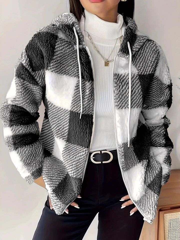 Mirla | Rutig Teddy Hoodie Jacka Varm och Bekväm för Vintern-Eva Jonsson