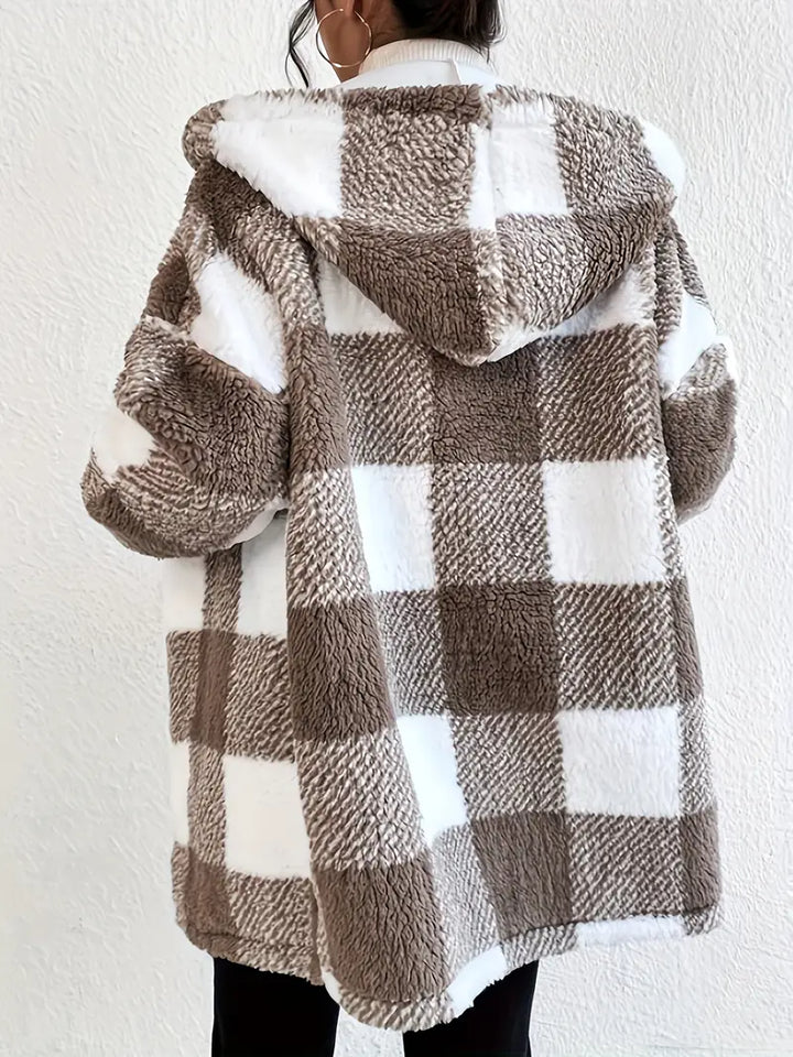Mirla | Rutig Teddy Hoodie Jacka Varm och Bekväm för Vintern-Eva Jonsson