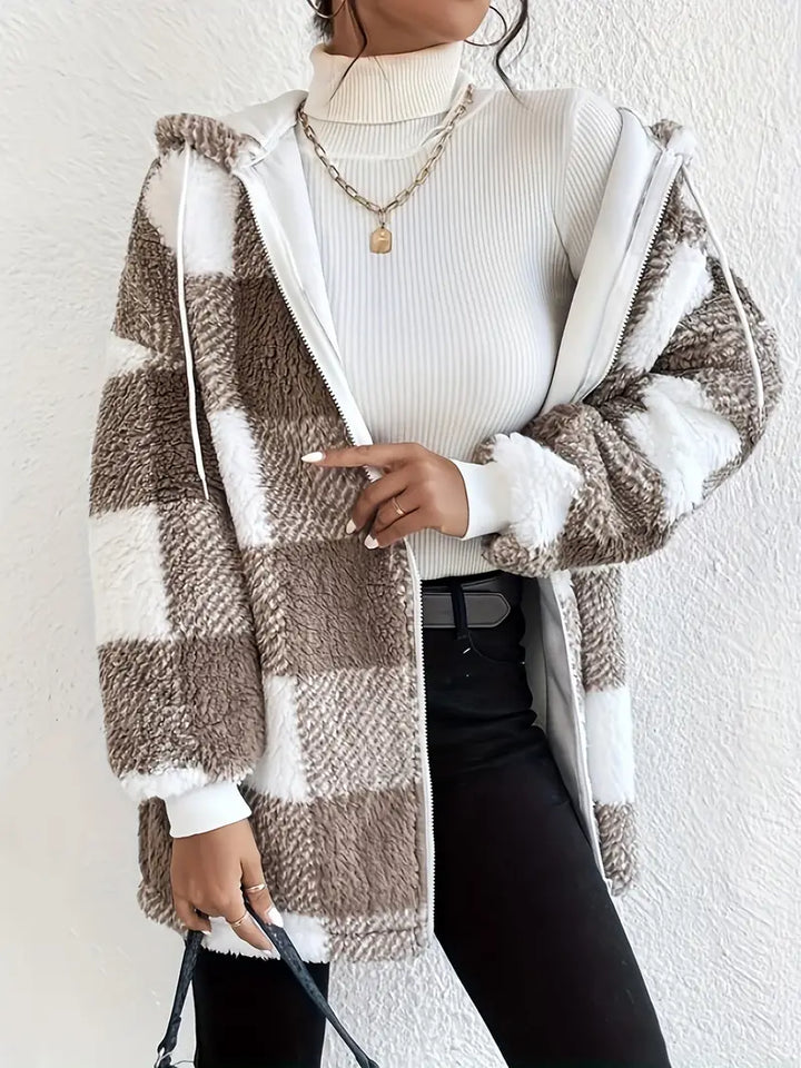Mirla | Rutig Teddy Hoodie Jacka Varm och Bekväm för Vintern-Eva Jonsson