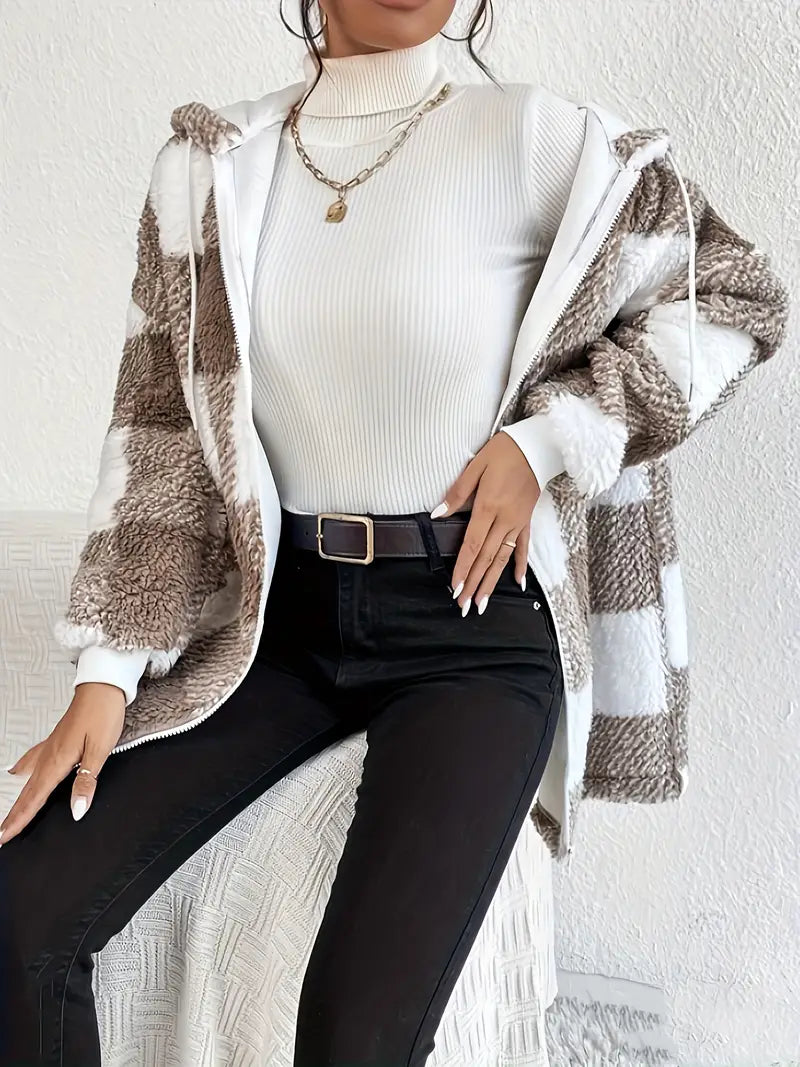 Mirla | Rutig Teddy Hoodie Jacka Varm och Bekväm för Vintern-Eva Jonsson