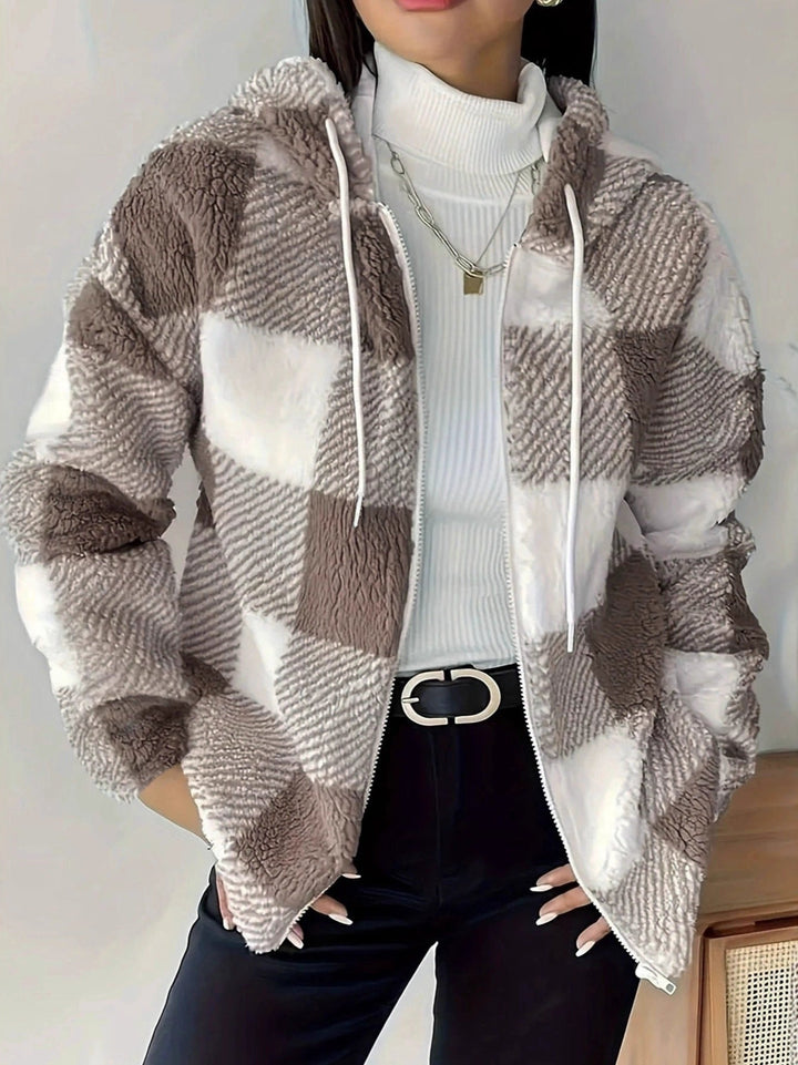 Mirla | Rutig Teddy Hoodie Jacka Varm och Bekväm för Vintern-Eva Jonsson