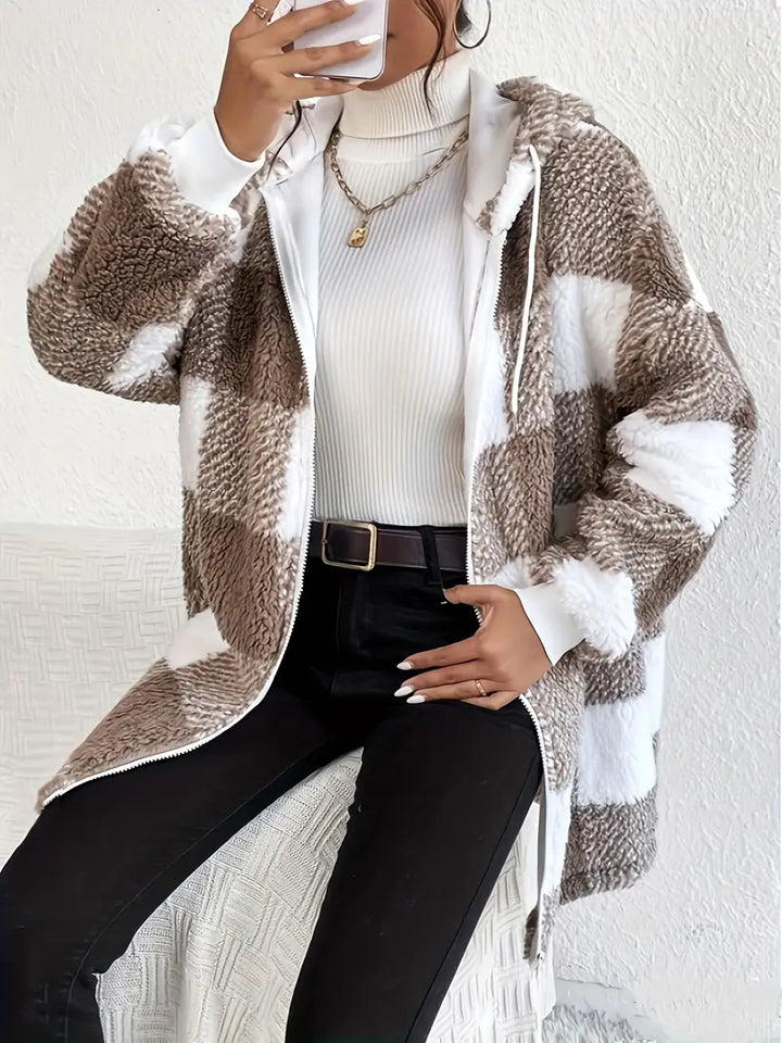 Mirla | Rutig Teddy Hoodie Jacka Varm och Bekväm för Vintern-Eva Jonsson