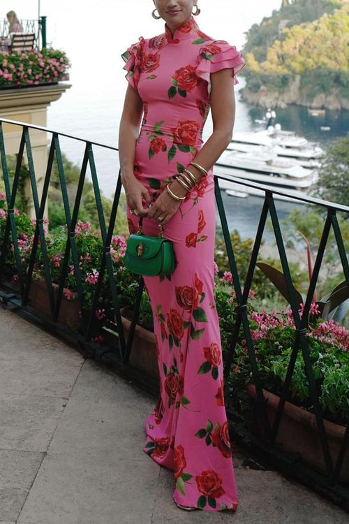 Mirla | Rynkfålls Rosmönster Maxi Cheongsam Klänning-Eva Jonsson