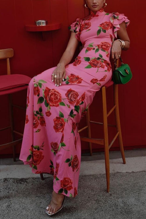 Mirla | Rynkfålls Rosmönster Maxi Cheongsam Klänning-Eva Jonsson
