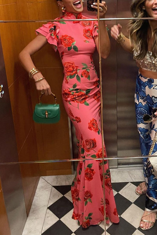 Mirla | Rynkfålls Rosmönster Maxi Cheongsam Klänning-Eva Jonsson