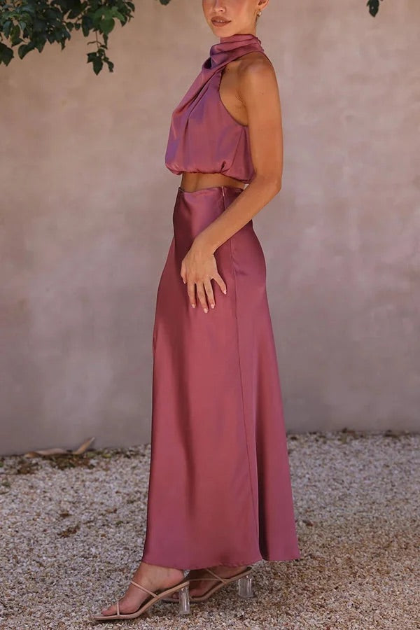 Mirla | Sådan En Stämning Högsluten Satin Draperad Maxikjol Set-Eva Jonsson