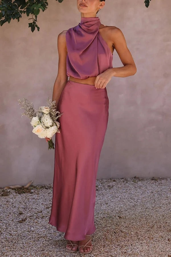 Mirla | Sådan En Stämning Högsluten Satin Draperad Maxikjol Set-Eva Jonsson