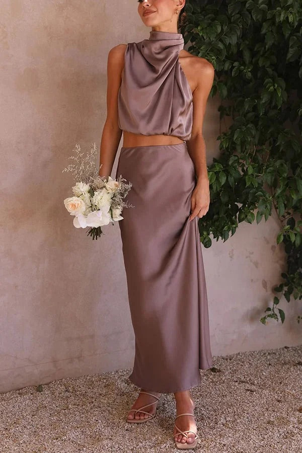 Mirla | Sådan En Stämning Högsluten Satin Draperad Maxikjol Set-Eva Jonsson