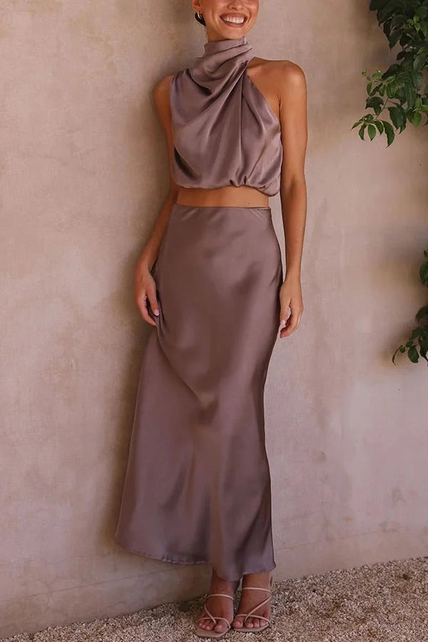 Mirla | Sådan En Stämning Högsluten Satin Draperad Maxikjol Set-Eva Jonsson