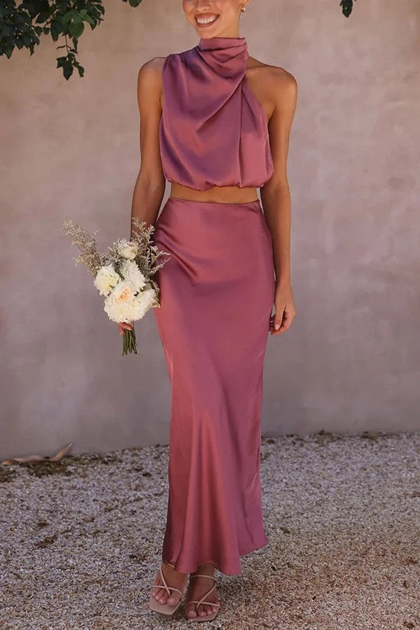 Mirla | Sådan En Stämning Högsluten Satin Draperad Maxikjol Set-Eva Jonsson