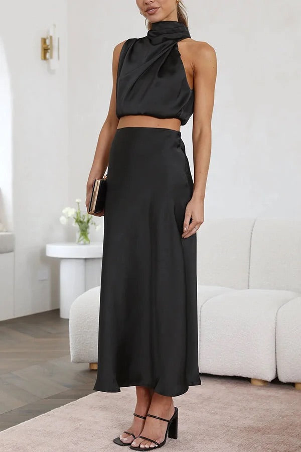 Mirla | Sådan En Stämning Högsluten Satin Draperad Maxikjol Set-Eva Jonsson