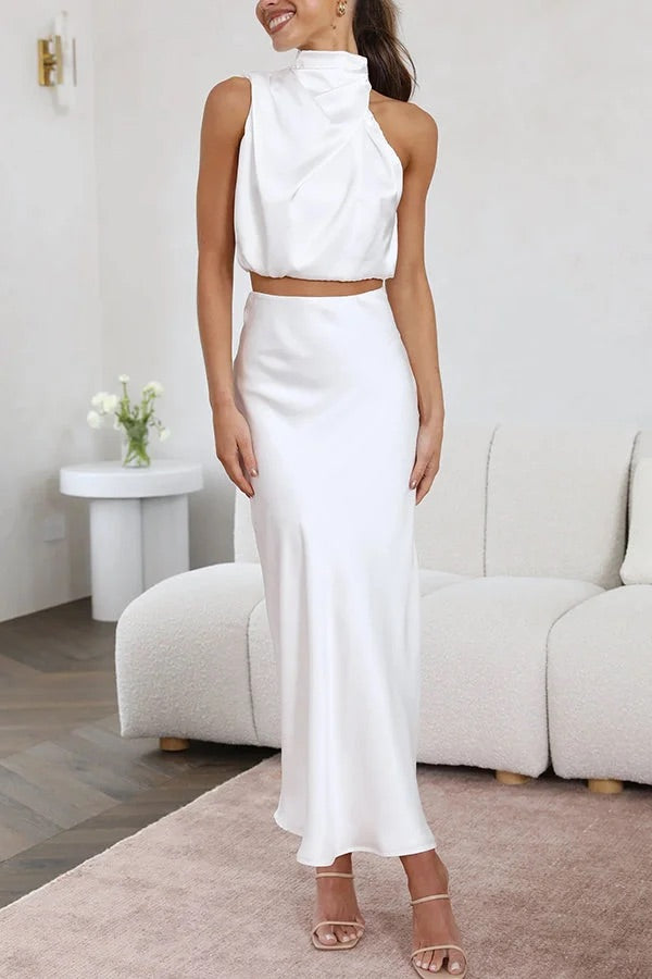 Mirla | Sådan En Stämning Högsluten Satin Draperad Maxikjol Set-Eva Jonsson
