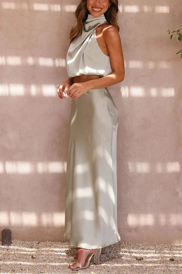 Mirla | Sådan En Stämning Högsluten Satin Draperad Maxikjol Set-Eva Jonsson