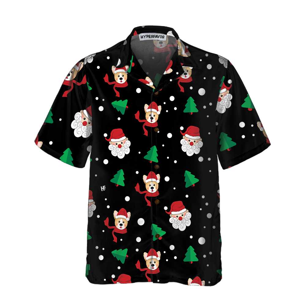 Mirla | Santa Claus & Corgi Hawaii-Shirt Rolig Jul-Corgi-T-Shirt Bästa Julklappsidén-Eva Jonsson