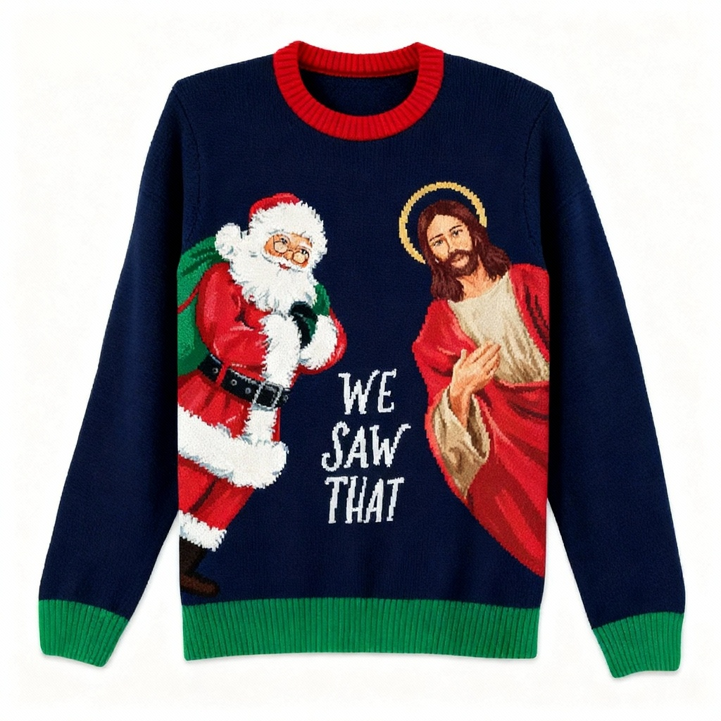 Mirla | Santa & Jesus Print Semestertröja - Avsiktlig Festlig Funktion-Eva Jonsson