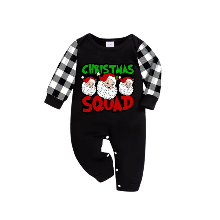 Mirla | Santa Squad och Santa Claus Tryck Svart Långärmad Tröja med Svart-Vita Rutig Byxor Familjmatching Pyjamasar-Eva Jonsson