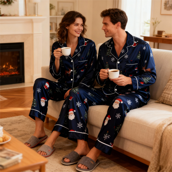 Mirla | Semester Familj Knappt-Ned Marinblå Satin Jul Pyjamaset-Eva Jonsson