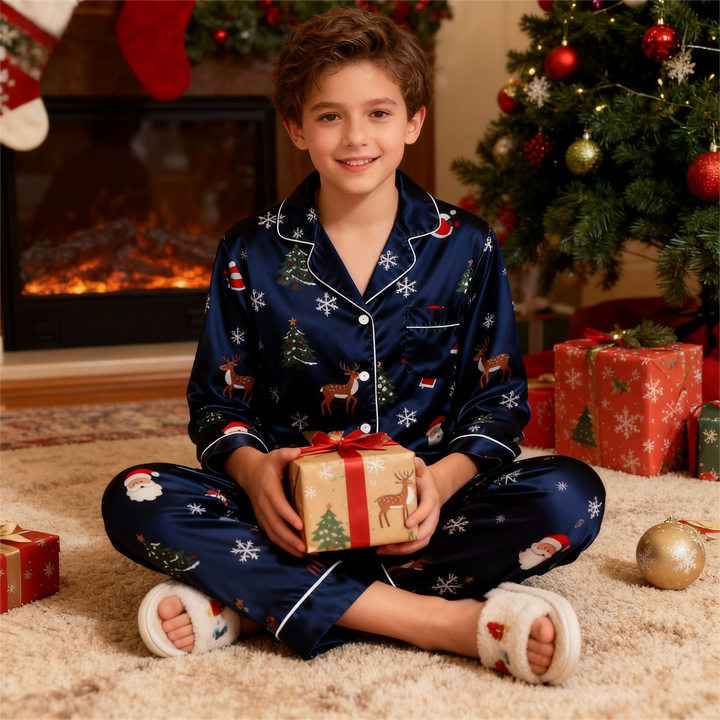 Mirla | Semester Familj Knappt-Ned Marinblå Satin Jul Pyjamaset-Eva Jonsson