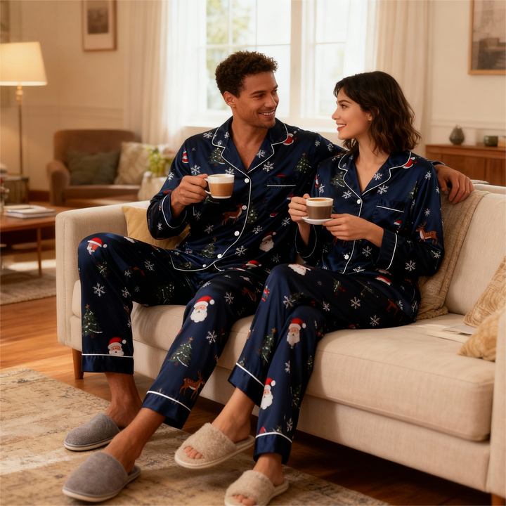 Mirla | Semester Familj Knappt-Ned Marinblå Satin Jul Pyjamaset-Eva Jonsson