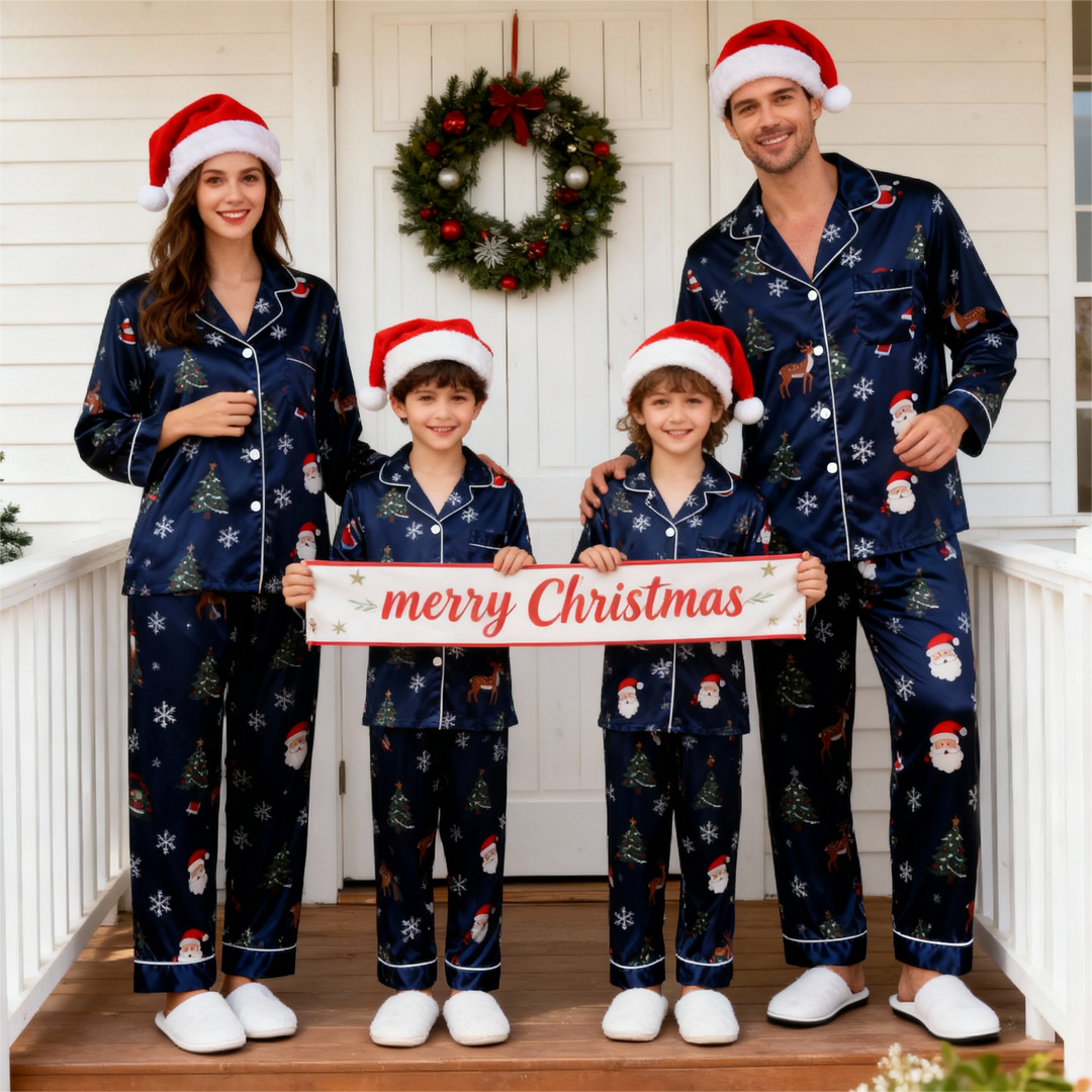 Mirla | Semester Familj Knappt-Ned Marinblå Satin Jul Pyjamaset-Eva Jonsson