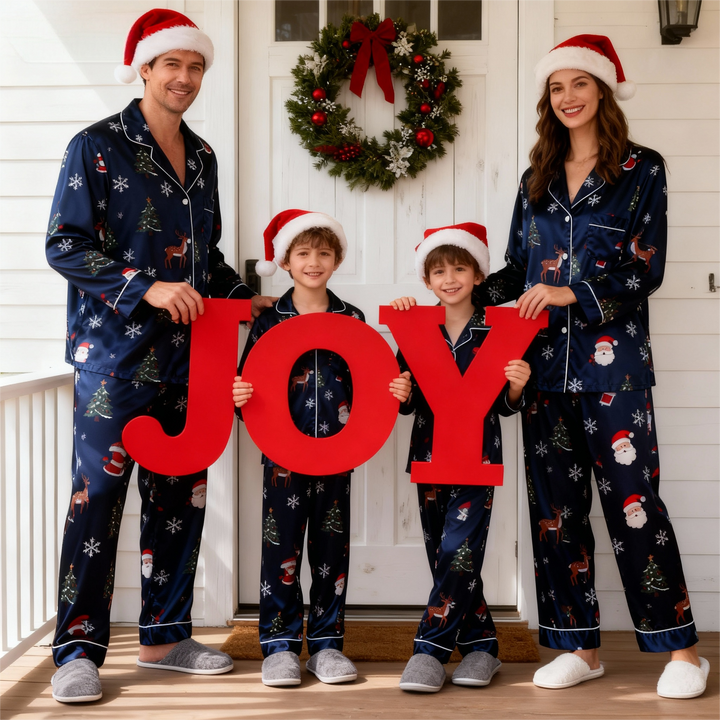 Mirla | Semester Familj Knappt-Ned Marinblå Satin Jul Pyjamaset-Eva Jonsson