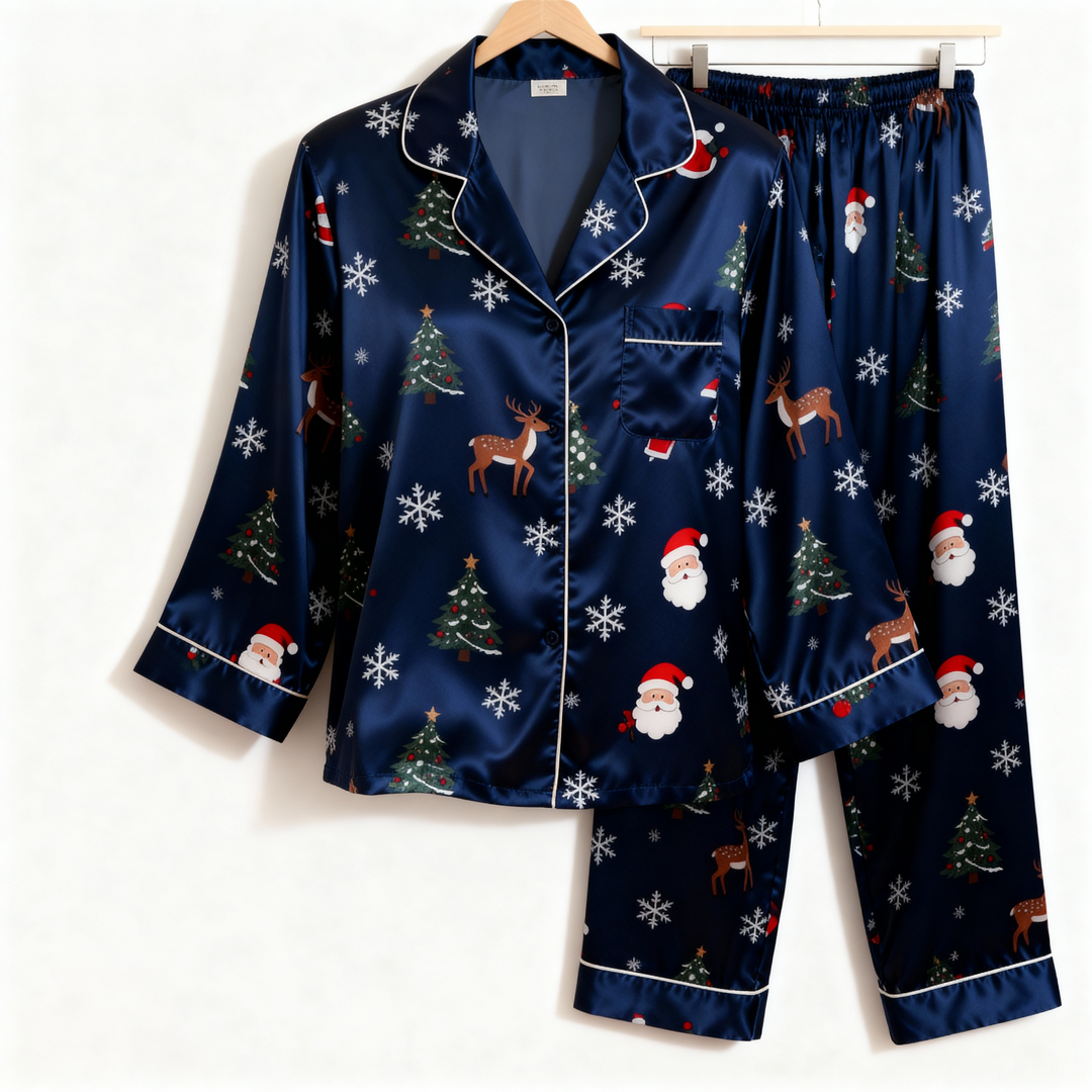 Mirla | Semester Par Knappt Upp Marinblå Satäng Jul Pyjamas Set-Eva Jonsson