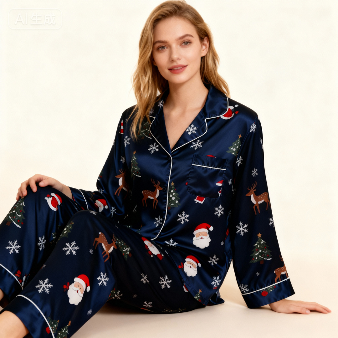Mirla | Semester Par Knappt Upp Marinblå Satäng Jul Pyjamas Set-Eva Jonsson