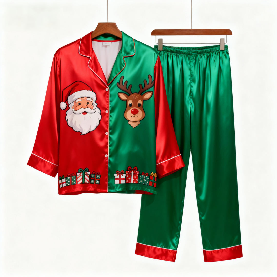 Mirla | Semesterpar Julman Tryckknapp Satin Jul-Pyjamas Set-Eva Jonsson